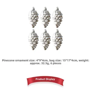 Detailed view of 6-piece silver pine cone Christmas ornaments with 4x9x4cm dimensions