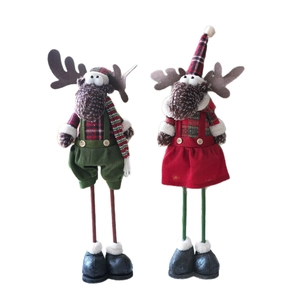 Pair of Nordic Christmas reindeer dolls with long legs in plaid outfits for home decor
