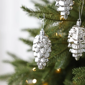 Set of 6 silver pinecone Christmas tree ornaments with metallic finish and hanging strings