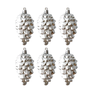 Set of 6 silver pinecone Christmas tree ornaments in PVC box for festive holiday decoration