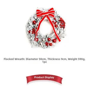 50cm snow flocked Christmas wreath with red bow, berries and decorative ornaments