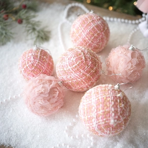 Pink plush and tweed Christmas ball ornaments set of 6 on faux snow background