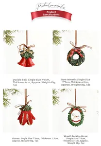 Detail view of resin Christmas ornaments showing dimensions and festive painted textures