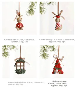 Detailed views of resin Christmas charms including bear, dog, window and tree motifs