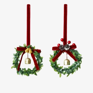 Mini Christmas wreath set with red velvet bows, golden bells, and pine cones
