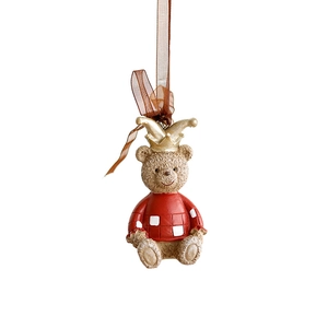 Festive resin bear ornament with gold crown and plaid sweater for Christmas decor