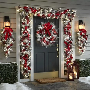 Christmas Flocked Garland Wreath Swag With Red Satin Bows Pine Cones Berries Red Silver Ornaments For Front Door Holiday Decor