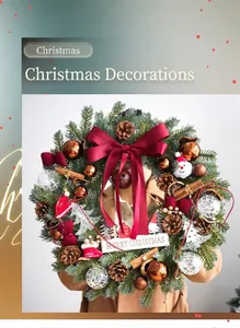 Detail of a Christmas wreath with red bow, pine cones, and a snowman figure on pine needles