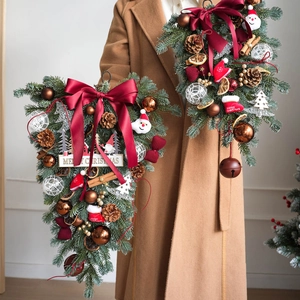 Burgundy Christmas bell wreath hanging decor with snowman and Santa velvet bow