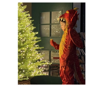 Detailed view of red dragon onesie costume with hood, scales, and wings for children
