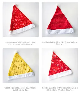 Detail view of four festive Christmas hats with sequins, plush trim and holiday patterns