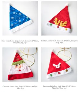 Detailed size and weight specifications for four plush Christmas hat styles with sequins