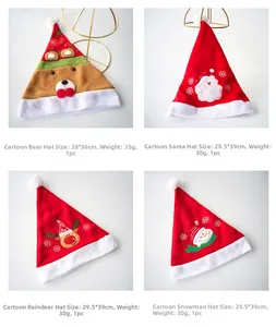 Detail view of four Christmas hats featuring bear, Santa, elk, and snowman embroidery