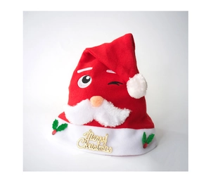 Detail view of plush Santa Christmas hat with Merry Christmas golden lettering and green leaves