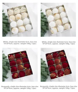 Set of 12 white and wine red velvet Christmas balls with gold textures and 6cm diameter