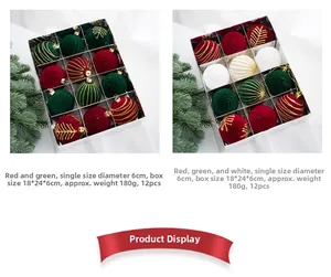 Detailed view of 6cm flocked velvet Christmas balls with glitter stripes in a 12-pack box