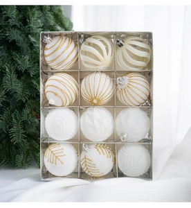 Set of 12 white and gold glitter Christmas balls in a premium silver display box