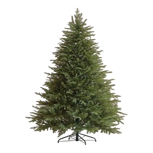 Lush snow-tipped PE artificial Christmas tree with sturdy metal stand on white background