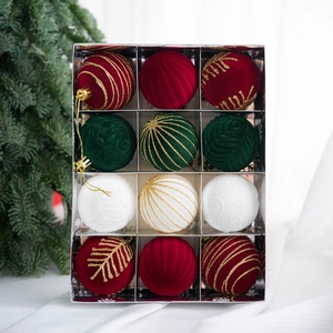 12pcs flocked Christmas ball ornaments in red green and white with gold glitter patterns