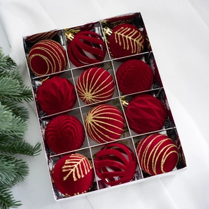 Set of 12 red flocked Christmas ball ornaments with gold glitter patterns and hanging loops