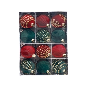 12-pack red and green velvet Christmas ornaments with gold glitter details in a gift box