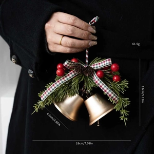 Christmas decoration featuring champagne gold bells and red green bow with size 18x13cm