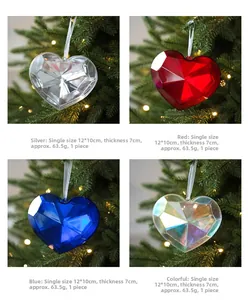 Detailed view of faceted heart ornaments in silver, red, blue, and rainbow colors