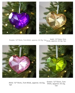 Detail view of multi-color faceted acrylic heart ornaments for Christmas tree decor