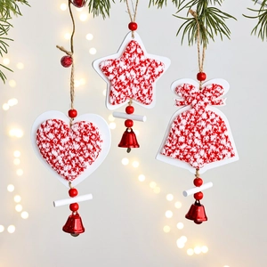 Adornos Colgantes de Árbol de Navidad de Madera Tejido Rojo Blanco Corazón Estrella Campana Decoraciones Con Campana de Metal