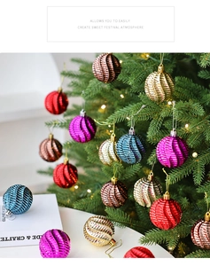 Gros plan de boules de Noël de 6 cm avec texture spirale sur un sapin de fête