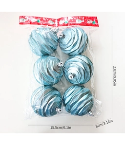 Detail view of 8cm blue glitter Christmas balls with spiral texture in 6-piece pack