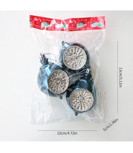Tres bolas de Navidad azul oscuro de 8 cm con lentejuelas plateadas en su embalaje