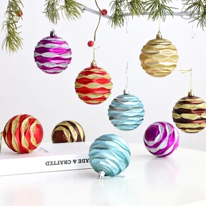 8cm glitter Christmas ornaments with wave patterns on festive pine branches