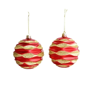 Set of two 8cm red matte Christmas baubles with gold glitter waves for tree decoration