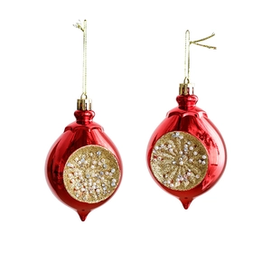 Set van 2 glanzende rode druppelvormige kersthangers met gouden glitter en parels