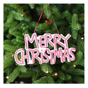 Macro shot of striped Merry Christmas pendant hanging on a festive green pine branch