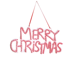 Merry Christmas sign hanging ornament with red and white candy cane striped letters