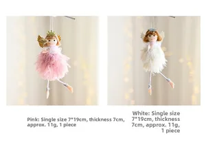 Detail view of plush Christmas angel dolls in pink and white with size specs 7x19cm