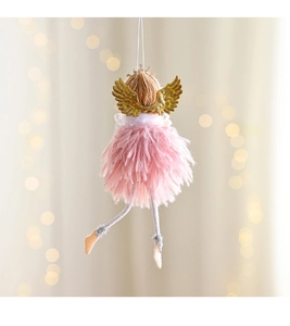 Detail of pink feather skirt and gold wings on a handmade Christmas angel ornament