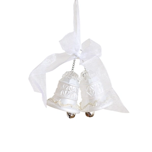 Weiße Weihnachtsglocken Anhänger mit Organza-Schleife und silbernen Glitzerwellen