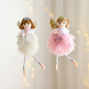 Christmas plush angel ornaments with sequin wings and fluffy fur skirts in pink and white