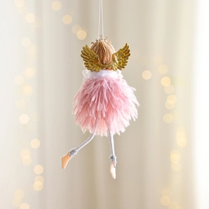 Pink plush Christmas angel tree ornament with golden wings and crown decoration