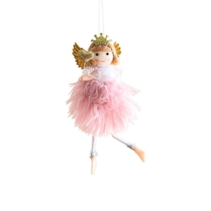 Pink plush Christmas angel tree ornament with golden crown and glitter wings