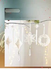 White glitter Christmas hanging ornaments featuring star, snowflake and drop shapes