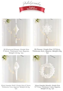 White glitter Christmas ornaments with dimensions and specifications in a four-grid layout