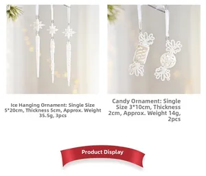 White glittericicle and candy Christmas ornaments with detailed dimensions and weights