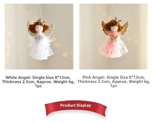 Detail view of plush angel ornament with mesh skirt and sequins, 8x13cm size specifications