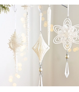 Detailed view of white glitter Christmas ornaments with crystal beads and pearls