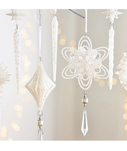 Close-up of white glittery Christmas pendants with pearls and prisms for holiday decor