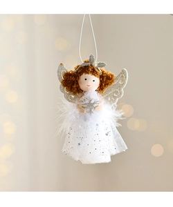 Detail of plush angel girl ornament with white gauze skirt and silver wings for Christmas